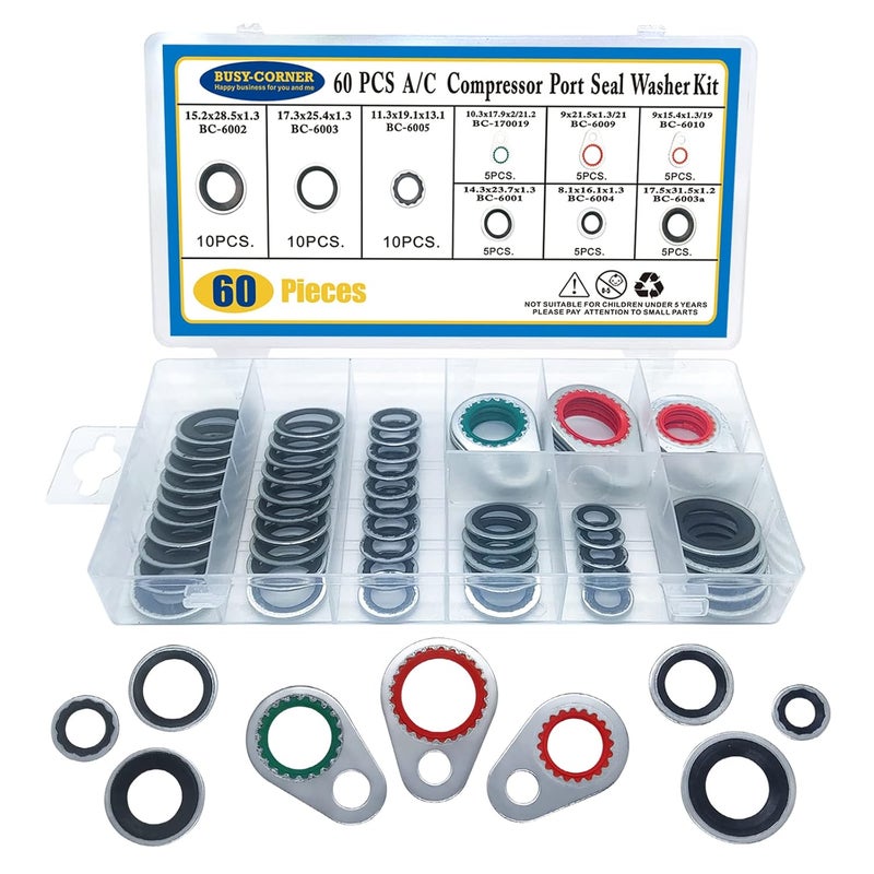 BUSY-CORNER A/C System Compressor Gasket Seals Air Conditioning Compressor Port Seal Washer Kit 60 Pieces Gasket Bonded Seal Assortment - Image 1